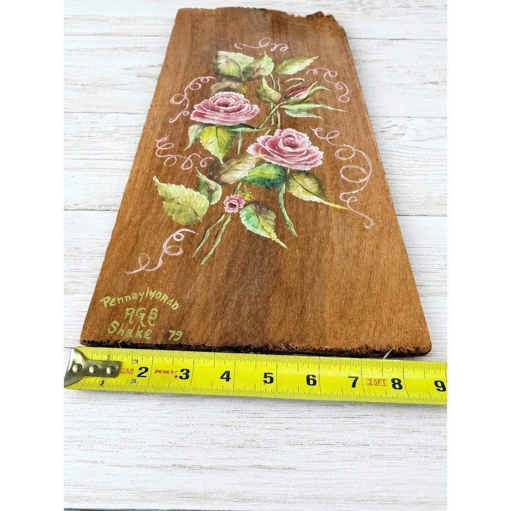 Vintage Wood Hand Painted Plaque Folk Art Rose Flower Raw Edges 1979 Signed